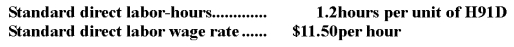 The following direct labor standards have been established for product H91D: The following data pertain to the most recent month's operations during which 3,860 units of product H91D were made: Required: a.What was the labor rate variance for the month? b.What was the labor efficiency variance for the month? c.Prepare a journal entry to record direct labor costs during the month,including the direct labor variances.