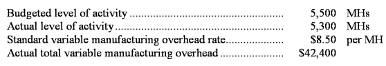 <strong>Millonzi Corporation has a standard cost system in which it applies manufacturing overhead to products on the basis of standard machine-hours (MHs).The company has provided the following data for the most recent month: What was the variable overhead rate variance for the month?</strong> A)$4,350 favorable B)$2,000 unfavorable C)$2,650 favorable D)$1,700 favorable