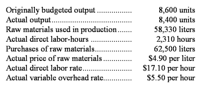 Fastic Corporation makes a product with the following standard costs: The company reported the following results concerning this product in August. The materials price variance is recognized when materials are purchased.Variable overhead is applied on the basis of direct labor-hours. Required: a.Compute the materials quantity variance. b.Compute the materials price variance. c.Compute the labor efficiency variance. d.Compute the direct labor rate variance. e.Compute the variable overhead efficiency variance. f.Compute the variable overhead rate variance.