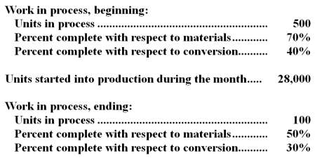 Froment Inc.uses the FIFO method in its process costing system.The following data concern the operations of the company's first processing department for a recent month. Required: Using the FIFO method,determine the equivalent units of production for materials and conversion costs.