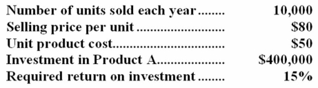 <strong>The following information is available on Bruder Inc.'s Product A: The company uses the absorption costing approach to cost-plus pricing described in the text.Based on these data,the total selling and administrative expenses each year are:</strong> A)$240,000 B)$300,000 C)$140,000 D)$200,000