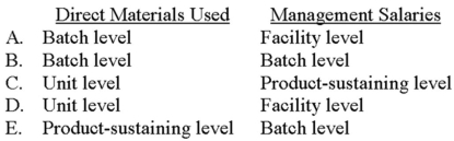 <strong>Which of the following choices correctly depicts the proper classification of direct materials used and management salaries? </strong> A) Choice A B) Choice B C) Choice C D) Choice D E) Choice E