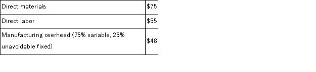 <strong>Farnsworth Television makes and sells portable television sets.Each television regularly sells for $200.The following cost data per television are based on a full capacity of 12,000 televisions produced each period:   A special order has been received by Farnsworth for a sale of 2,500 televisions to an overseas customer.The only selling costs that would be incurred on this order would be $10 per television for shipping.Farnsworth is now selling 7,200 televisions through regular distributors each period.What should be the minimum selling price per television in negotiating a price for this special order?</strong> A)$200 B)$166 C)$178 D)$176 <div style=padding-top: 35px> 