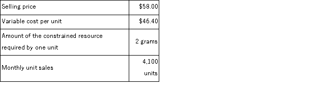 <strong>Reetz Corporation would like to determine the relative profitability of the company's products for purposes of making volume trade-off decisions.For illustration,the company has provided the following data for product A25H: What is the profitability index for product A25H?</strong> A)$47,560 B)$29.00 per gram C)$5.80 per gram D)0.20