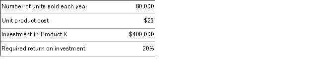 Surent Corporation has the following information available on Product K: The company uses the absorption costing approach to cost-plus pricing described in the text and a 50% markup.Based on these data, the company's total selling and administrative expenses associated with Product K each year are: