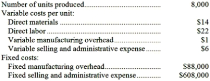Cockriel Inc., which produces a single product, has provided the following data for its most recent month of operations: There were no beginning or ending inventories. The variable costing unit product cost was: