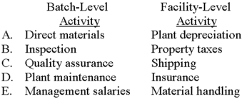 <strong>Which of the following choices correctly depicts a cost that arises from a batch-level activity and one that arises from a facility-level activity? </strong> A)Choice A B)Choice B C)Choice C D)Choice D E)Choice E