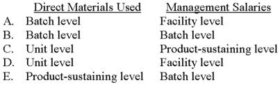 <strong>Which of the following choices correctly depicts the proper classification of direct materials used and management salaries? </strong> A)Choice A B)Choice B C)Choice C D)Choice D E)Choice E