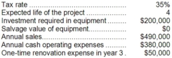 <strong>Broxterman Corporation has provided the following information concerning a capital budgeting project: The company uses straight-line depreciation on all equipment. The total cash flow net of income taxes in year 3 is:</strong> A)$89,000 B)$56,500 C)$60,000 D)$39,000