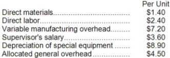 <strong>Part S00 is used in one of Morsey Corporation's products. The company makes 6,000 units of this part each year. The company's Accounting Department reports the following costs of producing the part at this level of activity: An outside supplier has offered to produce this part and sell it to the company for $16.10 each. If this offer is accepted, the supervisor's salary and all of the variable costs, including direct labor, can be avoided. The special equipment used to make the part was purchased many years ago and has no salvage value or other use. The allocated general overhead represents fixed costs of the entire company. If the outside supplier's offer were accepted, only $6,000 of these allocated general overhead costs would be avoided. If management decides to buy part S00 from the outside supplier rather than to continue making the part, what would be the annual impact on the company's overall net operating income?</strong> A)Net operating income would decrease by $3,000 per year. B)Net operating income would decrease by $71,400 per year. C)Net operating income would decrease by $77,400 per year. D)Net operating income would decrease by $65,400 per year.