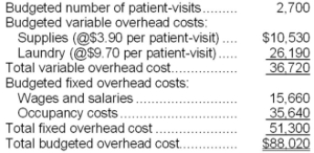 <strong>Akey Hospital bases its budgets on patient-visits. The hospital's static budget for March appears below: The total overhead cost at an activity level of 3,000 patient-visits per month should be:</strong> A)$97,800 B)$92,100 C)$88,020 D)$92,640