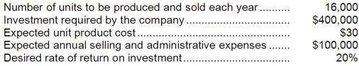 Green Hornet Corporation is contemplating the introduction of a new product. The company has gathered the following information concerning the product: The company uses the absorption costing approach to cost-plus pricing as described in the text. Required: a. Compute the markup on absorption cost. b. Compute the selling price.