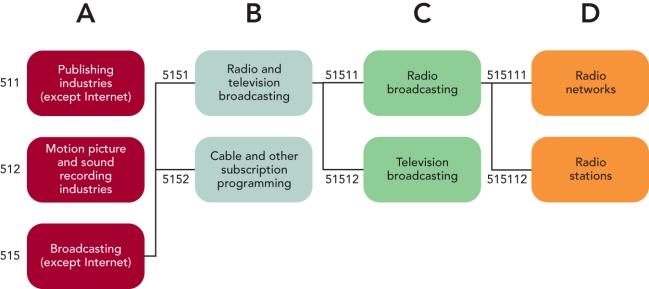 <strong> Figure 6-1 Based on Figure 6-1 above,what is the NAICS code for cable and other subscription programming?</strong> A) 511 B) 5152 C) 51512 D) 51520 E) 511515