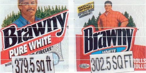 Brawny Package Photos -There is one visible difference between the two packages in the Brawny package photos shown above,even though both sold for the same price.Discuss which aspect(s)might be considered legal but unethical,and why.