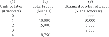 <strong>Use the following to answer questions : Table 12-1 Column three (3)in the table above displays the law of:</strong> A)decreasing returns to scale. B)diminishing marginal productivity. C)diminishing costs. D)constant returns to scale. E)none of the above.