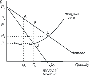 <strong>Use the following to answer questions : Figure 9-1   Which of the following points in Figure 9-1 can be used to identify a profit maximizing monopolist's production and the price it charges?</strong> A)Q<sub>l</sub>, P<sub>l </sub> B)Q<sub>2</sub>, P<sub>2 </sub> C)Q<sub>3</sub>, P<sub>3 </sub> D)Q<sub>2</sub>, P<sub>4 </sub> E)Q<sub>2,</sub> P<sub>3 </sub> <div style=padding-top: 35px> 