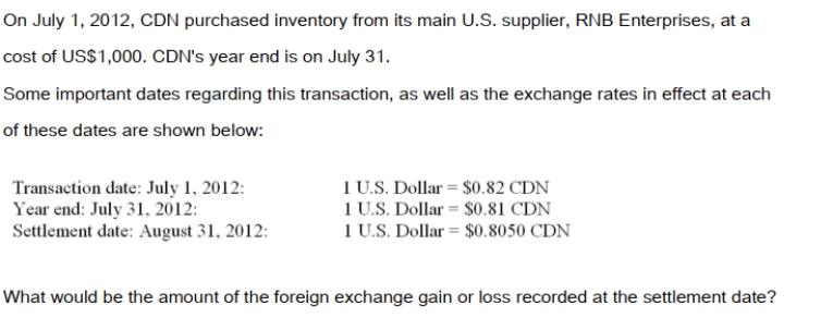 <strong> </strong> A) A $15 exchange loss. B) A $10 exchange loss. C) A $5 exchange gain. D) A $10 exchange gain.