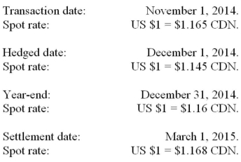 <strong>RXN's year-end is on December 31. On November 1, 2014 when the U.S. dollar was worth $1.165 CDN, RXN sold merchandise to an American client for $300,000. Full payment of this invoice was expected by March 1, 2015. On December 1, the spot rate was $1.1450 CDN and the three-month forward rate was $1.1250 CDN. In order to minimize its Foreign Exchange risk and exposure, RXN entered into a contract with its bank on December 1, 2014 to deliver $300,000 U.S. in three months' time. The spot rate at year-end was $1.16 CDN and the forward rate from December 31, 2014 to March 1, 2015 was $1.14 CDN. On March 1, 2015, RXN received the $300,000 U.S. from its client and settled its contract with the bank. The forward contract was to be accounted for as a fair value hedge of the US dollar receivable. Significant dates and exchange rates pertaining to this transaction are as follows: How much (in Canadian Dollars) will RXN expect to receive from the bank when its forward contract is settled?</strong> A) $337,500. B) $343,500. C) $347,500. D) $349,500.