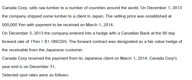 Prepare a partial Balance Sheet for Canada Corp on December 31, 2013 showing the account receivable from the Japanese client as well as the accounts associated with the hedge.