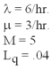 A manager assembled the following information about an infinite source waiting line system: 5 servers, an arrival rate of 6 per hour, and a service time of 20 minutes.The manager has determined that the average number of customers waiting for service is 0.04.Determine each of the following: (A) the system utilization (B) the average waiting time in line in minutes (C) the average time in the system (D) the average number in the system