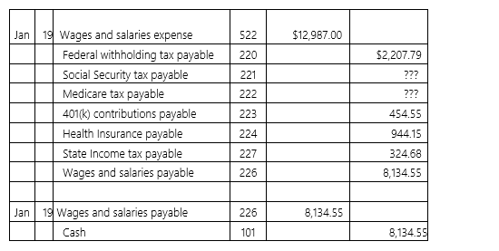 <strong>The following data is for the January 19 pay date for Waryzbok Inc.: Which of the following represents the missing Social Security and Medicare taxes?</strong> A) Social Security tax,$746.66;Medicare tax,$174.62 B) Social Security tax,$188.31;Medicare tax,$805.19 C) Social Security tax,$204.15: Medicare tax,$792.35 D) Social Security tax,$792.35;Medicare tax,$204.15