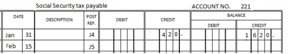 <strong>Rushing River Boats has the following data in its Social Security tax payable General Ledger account: It is a monthly schedule depositor.What entry should appear in the General Ledger to reflect the tax remittance on February 15?</strong> A) Credit $420 B) Debit $420 C) Credit $1,620 D) Debit $1,620