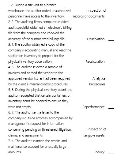 For each of the audit procedures listed below select the type of audit procedure,if any,that the auditor performed.A type of audit procedure may be selected once or not at all.  <div style=padding-top: 35px> 