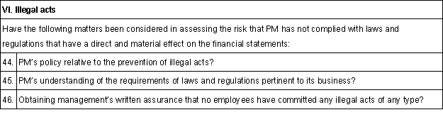 On September 3, 20X1, Larkin, CPA, was engaged to audit the financial statements of Precious Metals Co. (PM), for the year ended October 31, 20X1. PM purchases precious metals at wholesale prices and resells them to craft clubs at retail. PM is a new client whose common stock was first offered to the public five years ago. PM received an unqualified opinion on its financial statements in each of the prior three years, but changes auditors after each engagement. In accepting the engagement, Larkin completed all of the appropriate client acceptance procedures. Larkin instructed Johnson, an assistant on the engagement, to draft a planning checklist that would assist Larkin in preparing the audit staff for the fieldwork that is scheduled to begin on October 17, 20X1. On October 5, 20X1, Johnson prepared the planning checklist below (engagement letter points have been omitted). Indicate the inappropriate points that are included on Johnson's planning checklist.                <div style=padding-top: 35px> 