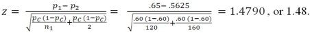 Fail to reject the null hypothesis Explanation: H<sub>0</sub>: π<sub>1</sub> = π<sub>2</sub>; H<sub>1</sub>: π<sub>1</sub> ≠ π<sub>2</sub>. First, we find the value of the pooled proportion using   . Next, we determine the value of the test statistic using   The computed value of the test statistic (+1.48) is less than the critical value of +1.96, so we fail to reject the null hypothesis.