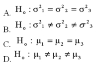 <strong>In ANOVA, an F statistic is used to test a null hypothesis such as: </strong> A) Option A B) Option B C) Option C D) Option D