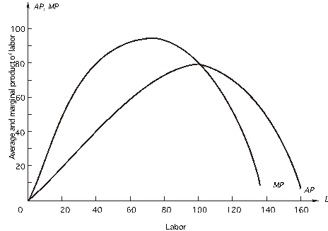 Refer to the following: The following graph shows the marginal and average product curves for labor, the firm's only variable input. The monthly wage for labor is $2,800. Fixed cost is $160,000. -What is AVC at its minimum?