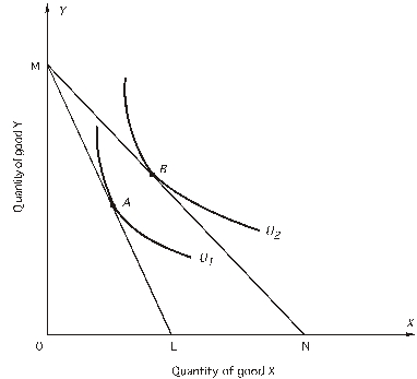 <strong> -What could have caused a consumer's budget line to shift from ML to MN?</strong> A) an increase in the price of X B) a decrease in the price of X C) an increase in the price of Y D) a decrease in the price of Y E) cannot determine without more information