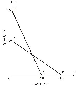 <strong>Refer to the following graph: -What is the equation for budget line LM?</strong> A) Y = 10 + 1.5X B) Y = 10 -(2/3)X C) Y = 1.5 + 1.5X D) Y = 1.5 - 10X E) Y = 0.667 + 1.5X