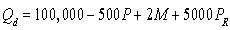 <strong>The market demand for a monopoly firm is estimated to be: where is quantity demanded,P is price,M is income,and is the price of a related good.The manager has forecasted the values of M and will be $50,000 and $20,respectively,in 2016.For 2016,the forecasted demand function is</strong> A) = 300,000- 500P B) = 100,000- 100P C) = 600,000- 100P D) = 200,000- 500P E)none of the above