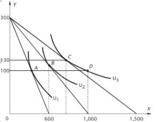 <strong>According to the following graph,if U<sub>2</sub> is the maximum attainable utility,the price of X is The price of Y is $50.</strong> A)$10. B)$15. C)$20. D)$25. E)none of the above