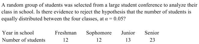 <strong> </strong> A) There is evidence to reject the claim that students are equally distributed between the four classes because the test value 7.815 > 5.733 B) There is not evidence to reject the claim that students are equally distributed between the four classes because the test value 5.733 < 7.815 C) There is evidence to reject the claim that students are equally distributed between the four classes because the test value 9.488 > 5.733 D) There is not evidence to reject the claim that the customers' preferences are distributed between the four classes because the test value 5.733 < 9.488