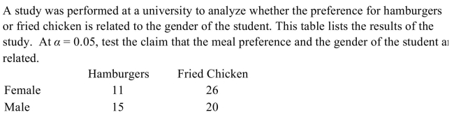 <strong> </strong> A) There is evidence to reject the claim that the meal preference and the gender of the student are not related because the test value 3.841 > 1.343 B) There is not evidence to reject the claim that the meal preference and the gender of the student are not related because the test value 1.138 < 9.488 C) There is not evidence to reject the claim that the meal preference and the gender of the student are not related because the test value 9.488 < 1.138 D) There is not evidence to reject the claim that the meal preference and the gender of the student are not related because the test value 1.343 < 3.841