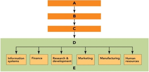 <strong>Reference: 02-01 Figure 2-1 In Figure 2-1, E represents</strong> A)corporate-level strategy level. B)functional-level strategy level. C)Board of Directors. D)departments.