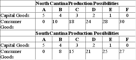 Answer the question on the basis of the following production possibilities tables for two countries, North Cantina and South Cantina. Refer to the tables. Suppose that North Cantina is producing 2 units of capital goods and 17 units of consumer goods, while South Cantina is producing 2 units of capital goods and 21 units of consumer goods. We can conclude that