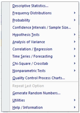 You do not wish to assume normality in the population, yet you wish to compare central tendency in c samples. You decide to utilize MegaStat, whose menu is shown here: Which menu would you choose?