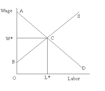 <strong>In Figure 45.1, the opportunity cost to workers of working at the equilibrium wage-labor combination is Figure 45.1</strong> A)OACL* B)OW*CL* C)OBCL* D)ABC