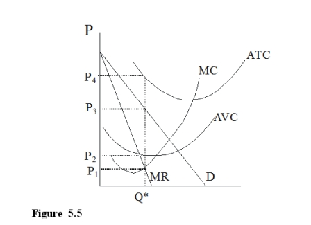 <strong>In Figure 5.5, what profit would the monopolist earn? </strong> A)zero profit, because it would shut down. B)a positive profit. C)a loss less than its total fixed cost. D)a loss greater than its total fixed cost.