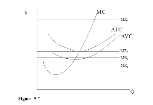 <strong>In Figure 5.7, assuming perfect competition which price is associated with positive economic profit? </strong> A)MR<sub>1</sub> B)MR<sub>2</sub> C)MR<sub>3</sub> D)MR<sub>4</sub>