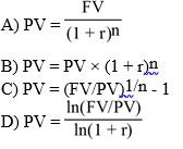 The question What is the current value of an amount of cash that will be received at a specific time in the future? is best answered by which form of the TVM equation?
