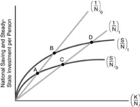<strong>Figure 10-5   In Figure 10-5 above,suppose that new tougher environmental regulations require certain industries to accelerate their phase-out of some of their existing equipment and install new types that produce less pollution.Translating this into an effect on d causes a movement of the steady-state point such as from points</strong> A)A to B. B)D to B. C)D to C. D)A to C. E)D to A. <div style=padding-top: 35px> 