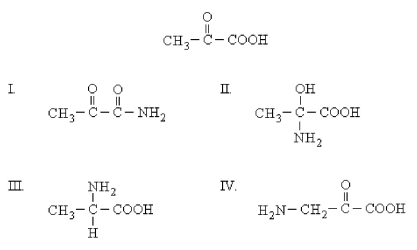 <strong>What would be the product of the transamination of the structure shown below? (The unionized forms are shown. ) </strong> A)I B)II C)III D)IV
