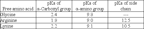 <strong>What is the net charge on the tripeptide Gly-Arg-Lys at pH 7? The table below gives the pKa's of the ionizable groups on the free amino acids.  </strong> A)-1 B)0 C)+1 D)+2 <div style=padding-top: 35px> 