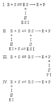<strong>Which equilibrium below applies to noncompetitive inhibition?  </strong> A)I B)II C)III D)IV <div style=padding-top: 35px> 