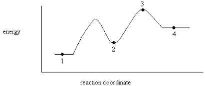 <strong>On the energy diagram below,which point represents a transition state?  </strong> A)Point 1 B)Point 2 C)Point 3 D)Point 4 <div style=padding-top: 35px> 