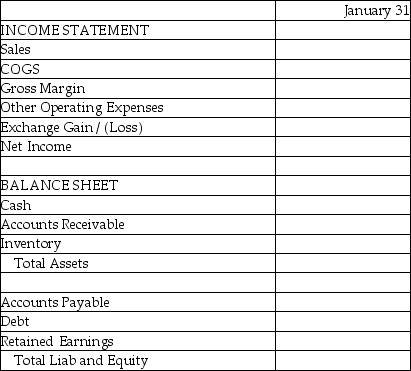 Meric Corporation (a U.S.company)began operations on January 1,2014,when the owner borrowed $150,000 to start the company.In the first month of operations,Meric had the following transactions:   The following exchange rates apply:   Required: Complete the summary income statement and balance sheet for the month ended January 31,2014 assuming there were no other transactions.  <div style=padding-top: 35px> 